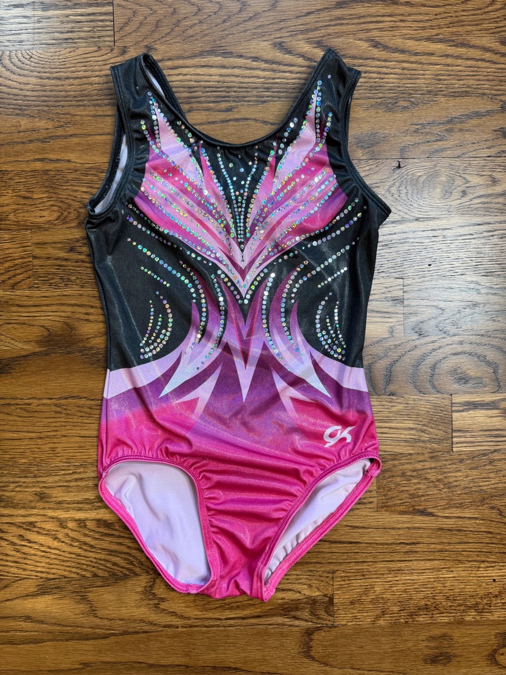 GK Girls “Wishful Gaze” Black and Pink w/ Hologram Spanglez Gymnastics Leo 8-10